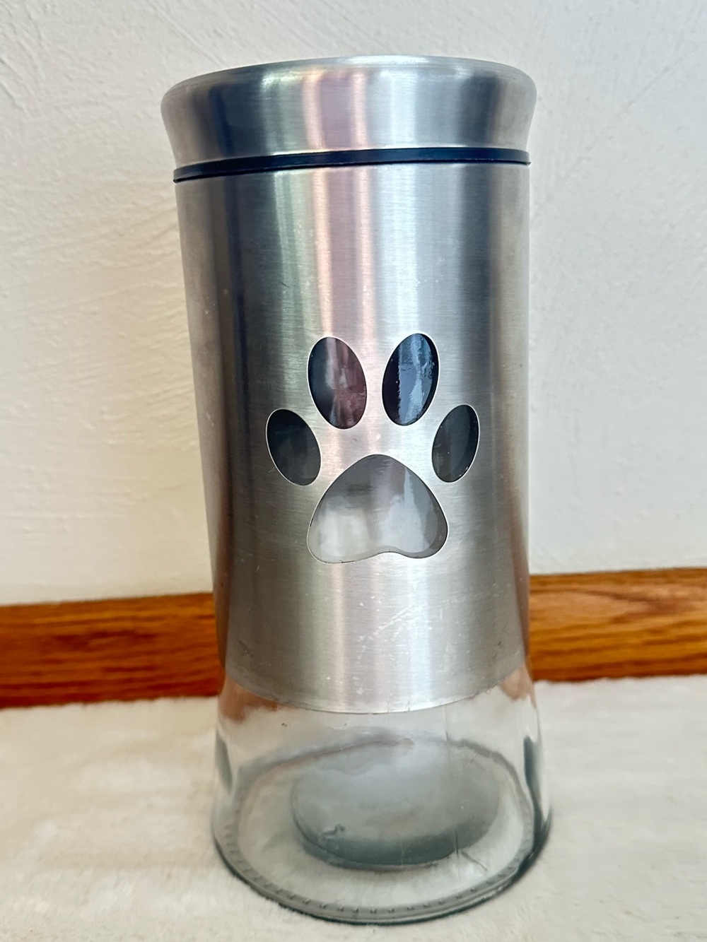 Pet Dog Treats Paw Print Glass Storage Jar with Stainless Steel Sleeve and Lid